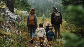 Un groupe de personnes marchant sur un sentier rocailleux, entouré de verdure.