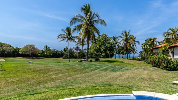 A swimming pool with a clear blue sky, palm trees, and a well-maintained lawn. - 3 Bd Villa in Las Palmas Punta Mita Cook Golf-cart - Las Palmas 5 (Punta de Mita)