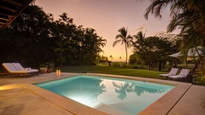Ein Pool mit Liegestühlen und Palmen.