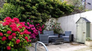 A patio area with wicker furniture, a small shed, and vibrant pink flowers. - 1-min Walk to High St 3-min to Mumbles Beach (Swansea)