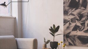 Moderni olohuone, jossa on sohva, lasinen sohvapöytä, pieni sivupöytä, jossa on kasvi, ja suuri abstrakti maalaus seinällä.