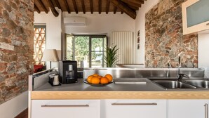 A kitchen with a wooden ceiling, stone walls, a sink, and a window with a view of greenery. - Panoramic Appartment With Garden (Capannori)