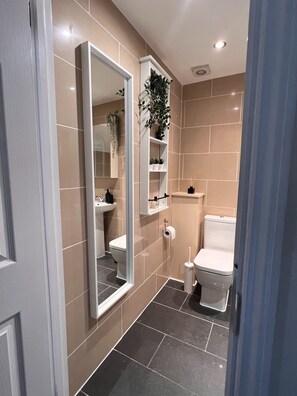A bathroom with a toilet, sink, mirror, and shelves with plants. - Lovely House in Stratford (London)
