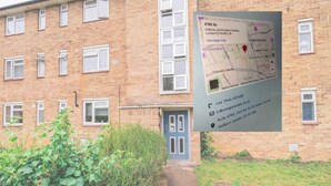 A brick building with multiple windows, a door, and a map with contact information. - Spacious 2BR Flat Summertown Sleeps 7 5 Star (Oxford)