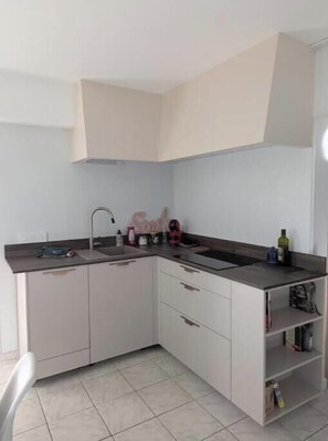 A small kitchen with a sink, countertop, and cabinets. - Bright T2 in the heart of the vineyards - 25 min from Bordeaux (Prignac-et-Marcamps)