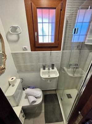 A bathroom with a toilet, sink, and shower.