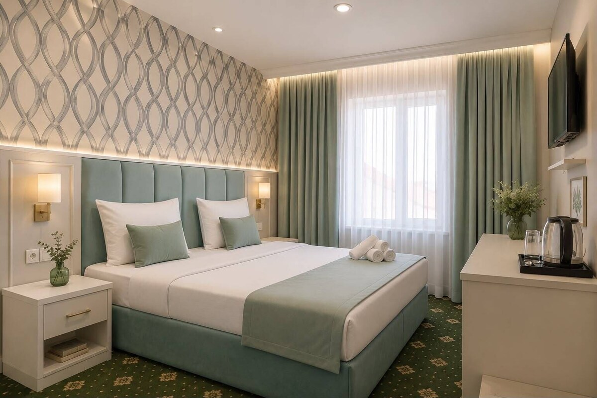 A modern hotel room with a large bed, bedside tables, a flat-screen TV, and a window with curtains.