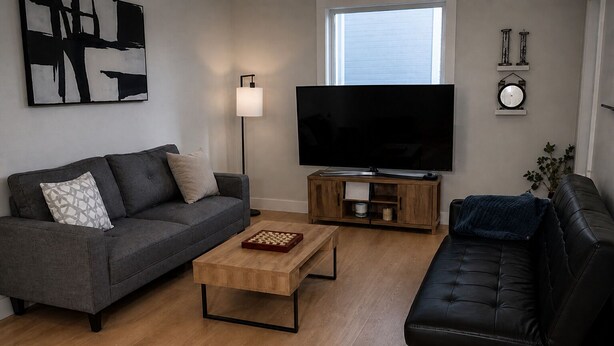 En stue med en grå sofa, en sort lædersofa, et træ sofabord, et fladskærms-tv og et vindue.