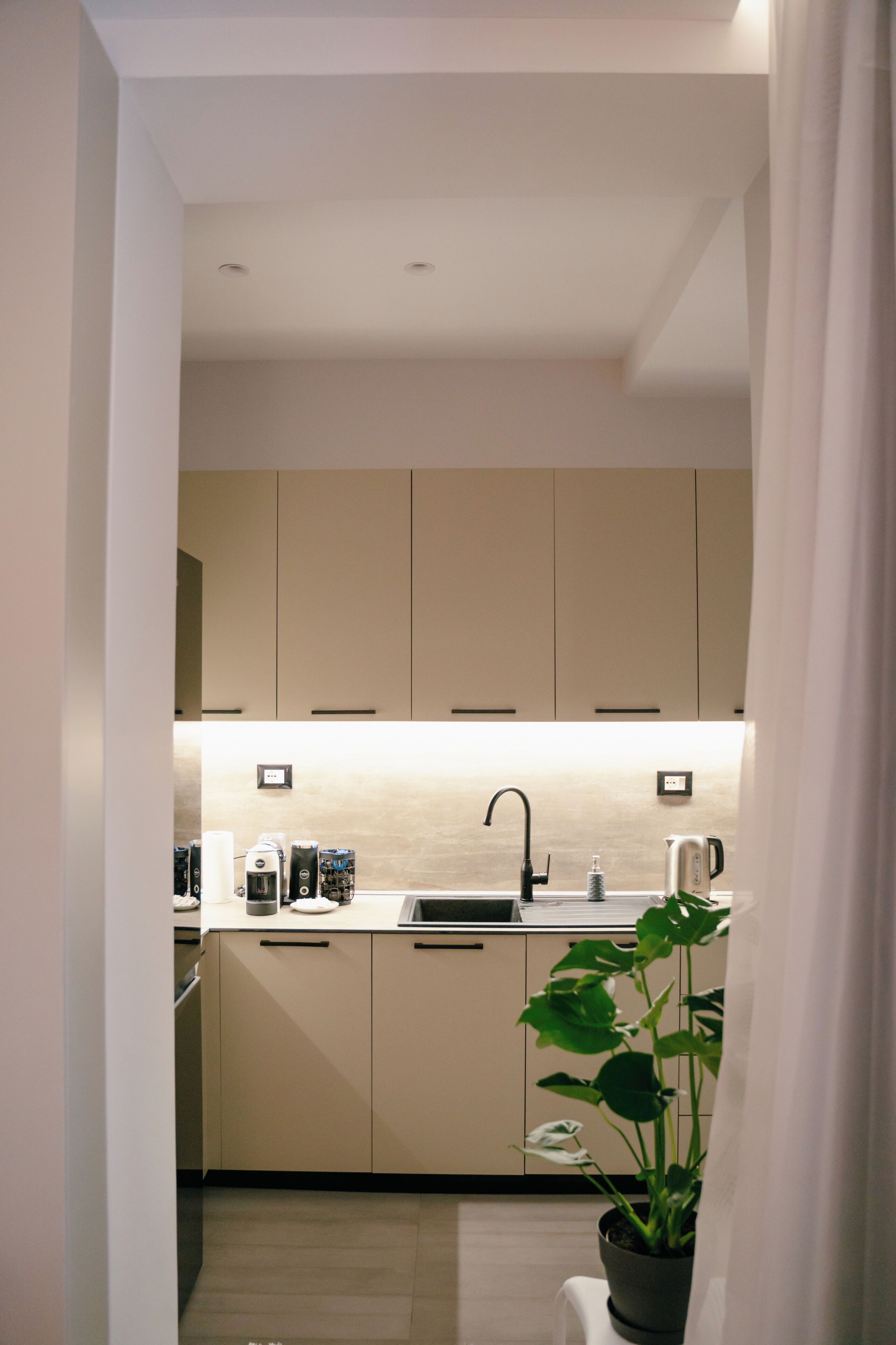 A modern kitchen with beige cabinets, a black faucet, and a potted plant.