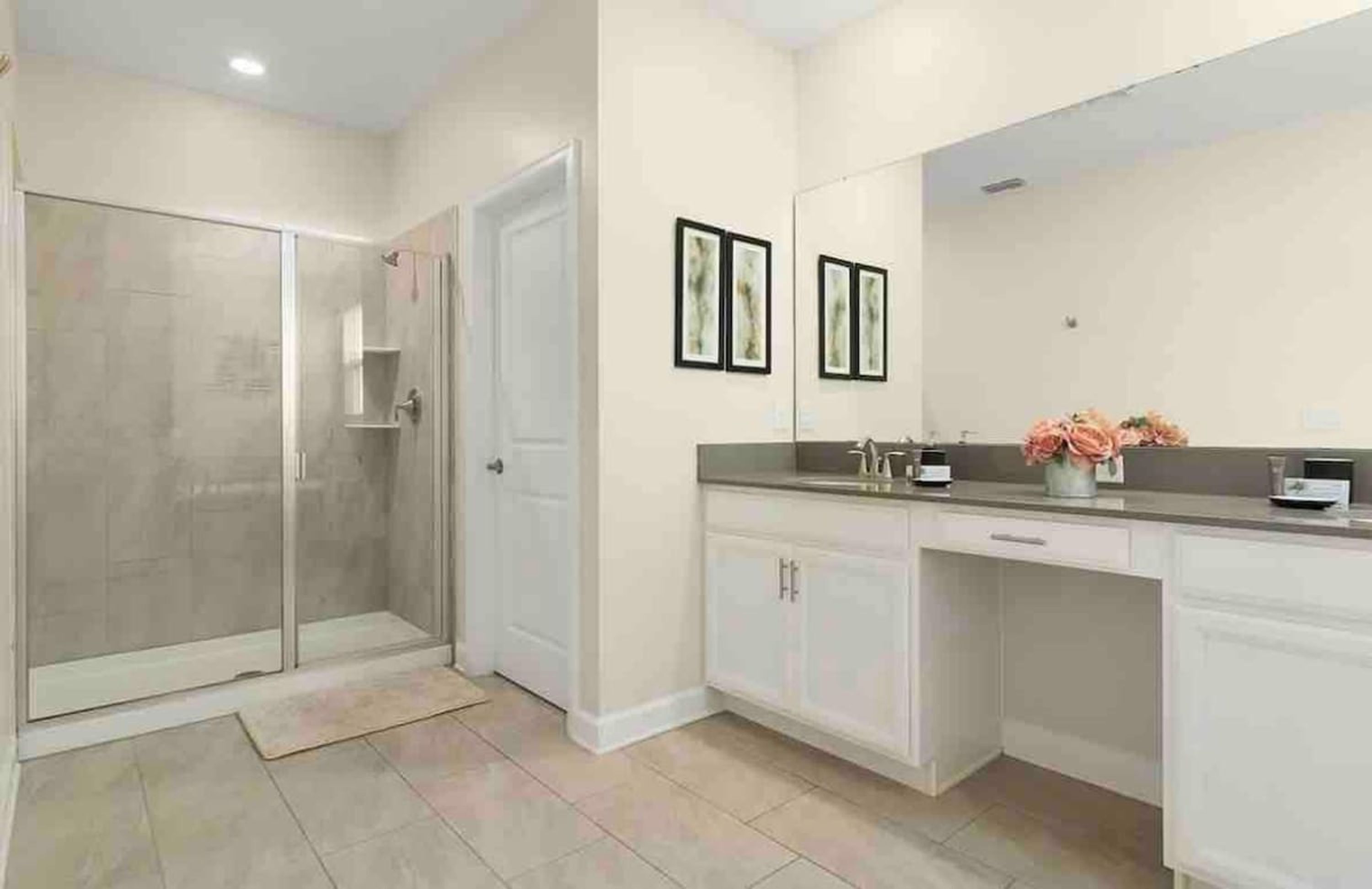 A bathroom with a shower, a sink, and a mirror.