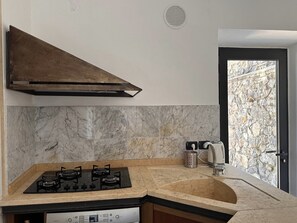 Une cuisine équipée d’une cuisinière à gaz, d’un four encastré, d’une hotte en acier inoxydable, d’un mur en pierre et d’un évier.