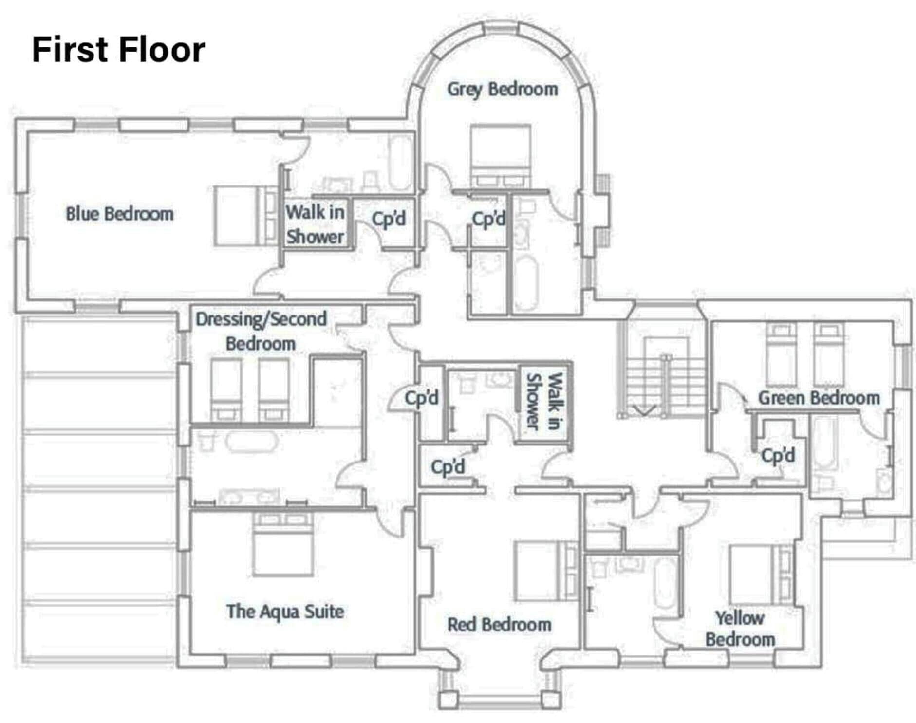 Un plan d’étage du premier étage comprenant plusieurs chambres, un dressing/chambre d’amis, une salle de bain avec espace détente et des douches à l’italienne.