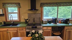 A kitchen with a stove, sink, and windows overlooking greenery.