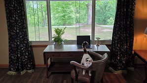 A room with a desk, a laptop, a potted plant, a chair, and a window with curtains.