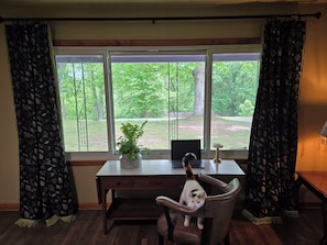 A room with a desk, a laptop, a potted plant, a chair, and a window with curtains.