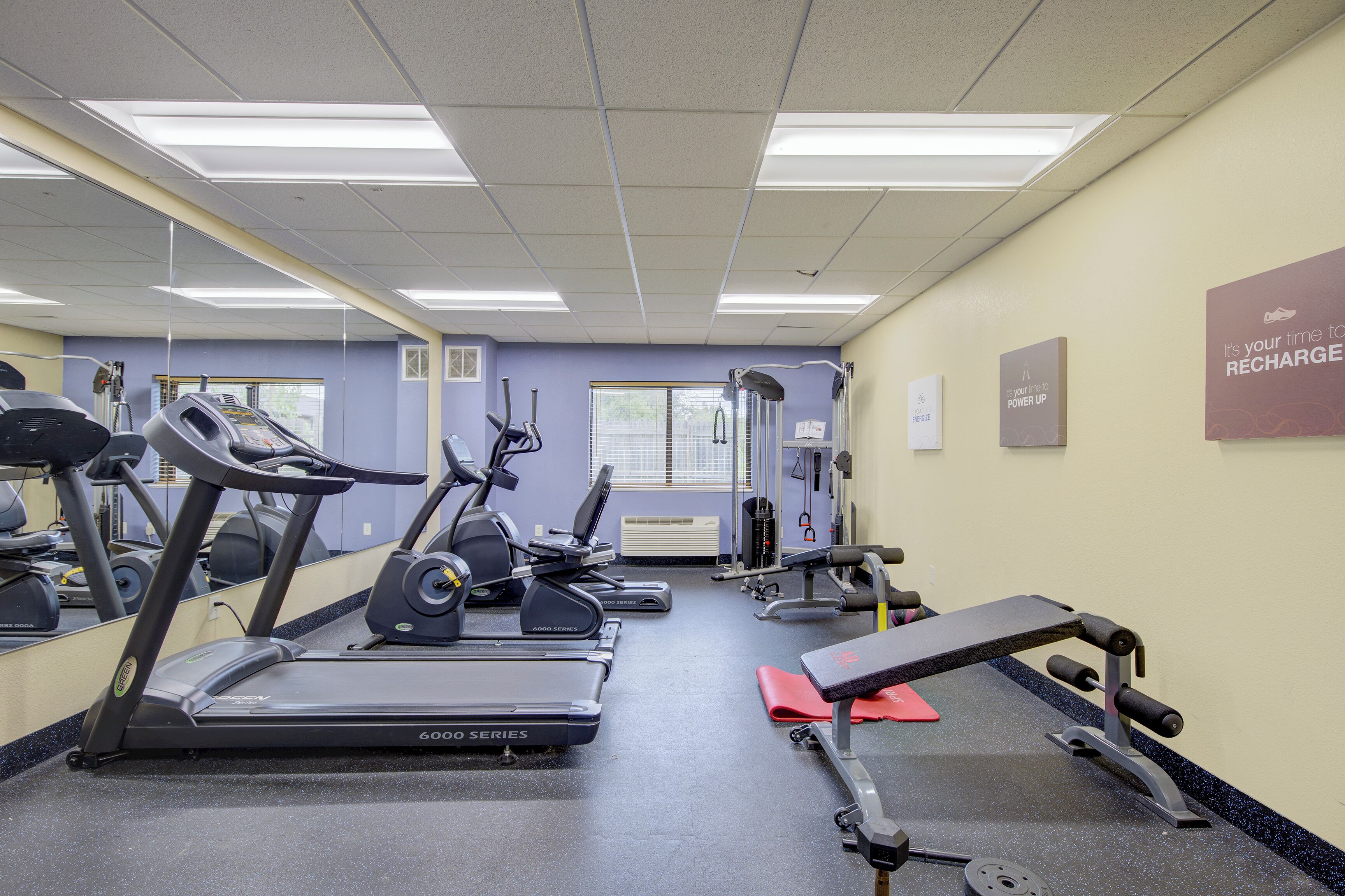 A gym with treadmills, elliptical machines, and weightlifting equipment.