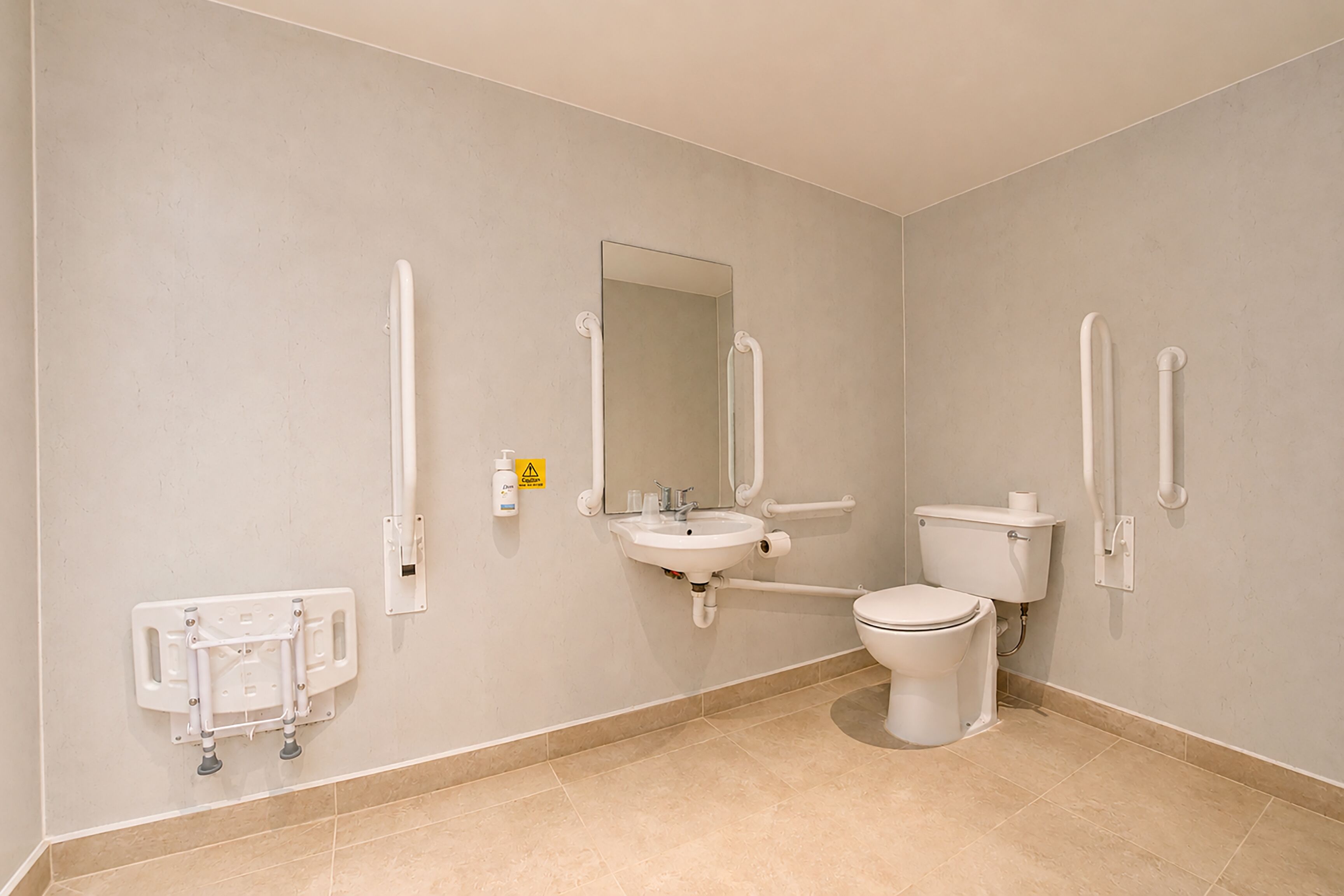 A bathroom with a toilet, sink, mirror, grab bars, and a handrail.