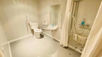 Shower, towels, toilet paper