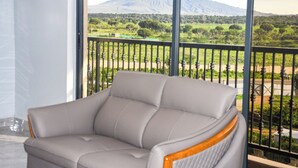 Un fauteuil gris sur un balcon, avec vue sur un paysage verdoyant et des montagnes.