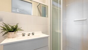 Shower, hair dryer, towels
