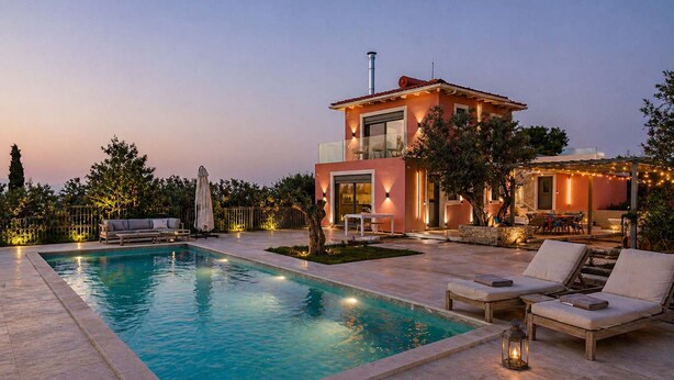 A modern house with a swimming pool, outdoor seating, and string lights. - Assini Estate - Pet Friendly Studio With Pool (Pylos-Nestoras)