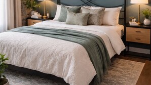Une chambre à coucher avec un lit, deux tables de chevet, une commode, un grand tableau et une fenêtre avec des rideaux.