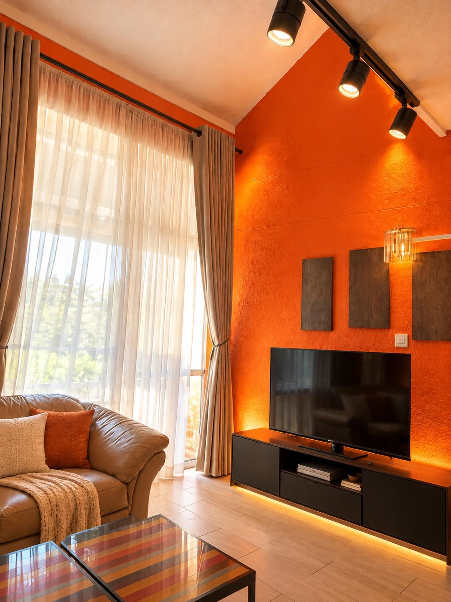 A modern living room with a sofa, a coffee table, and a TV against an orange wall.