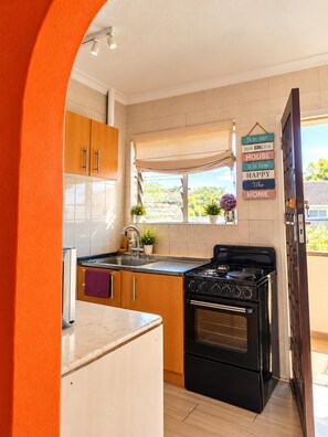 Una cocina con armarios de madera, una estufa negra y una ventana con vistas a la vegetación.