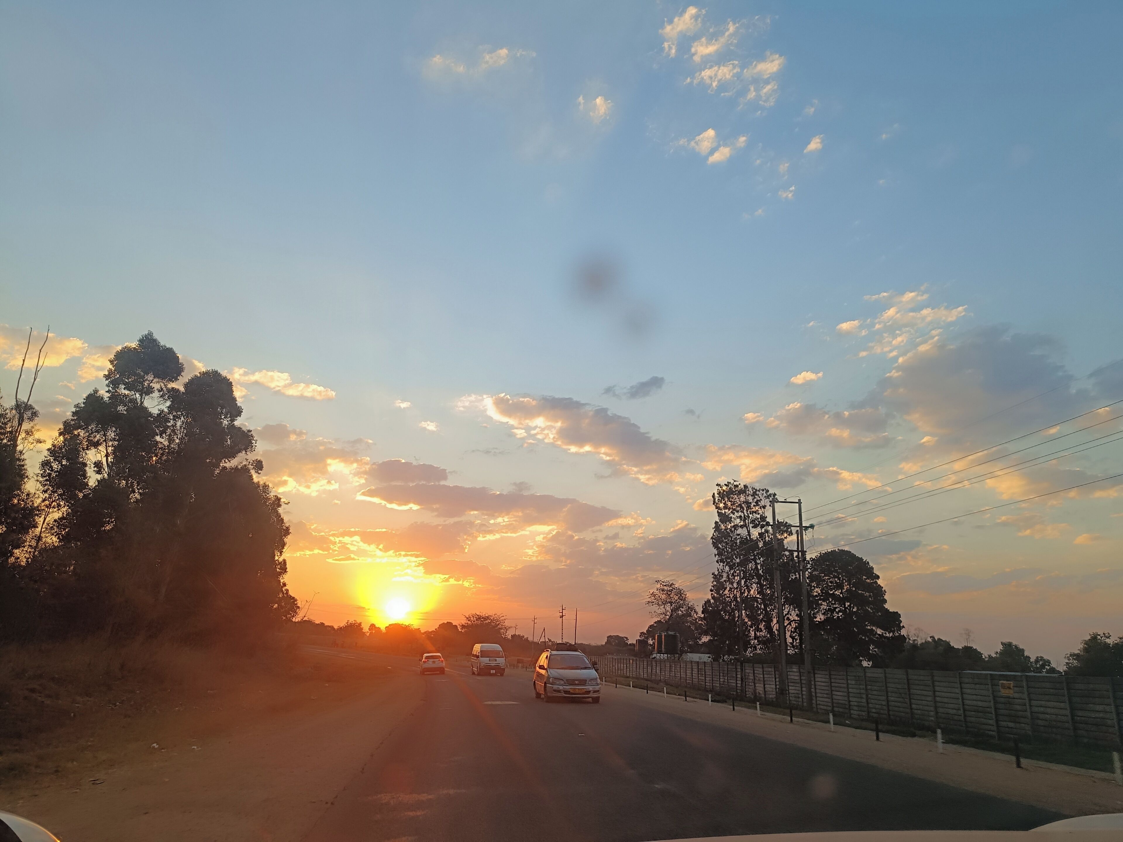 Una carretera con vehículos, árboles y un atardecer.