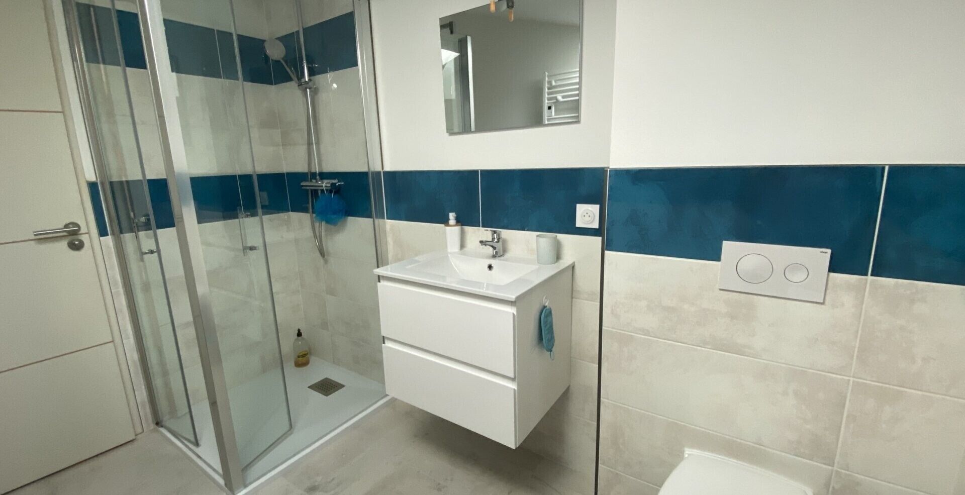 Shower, hair dryer, towels