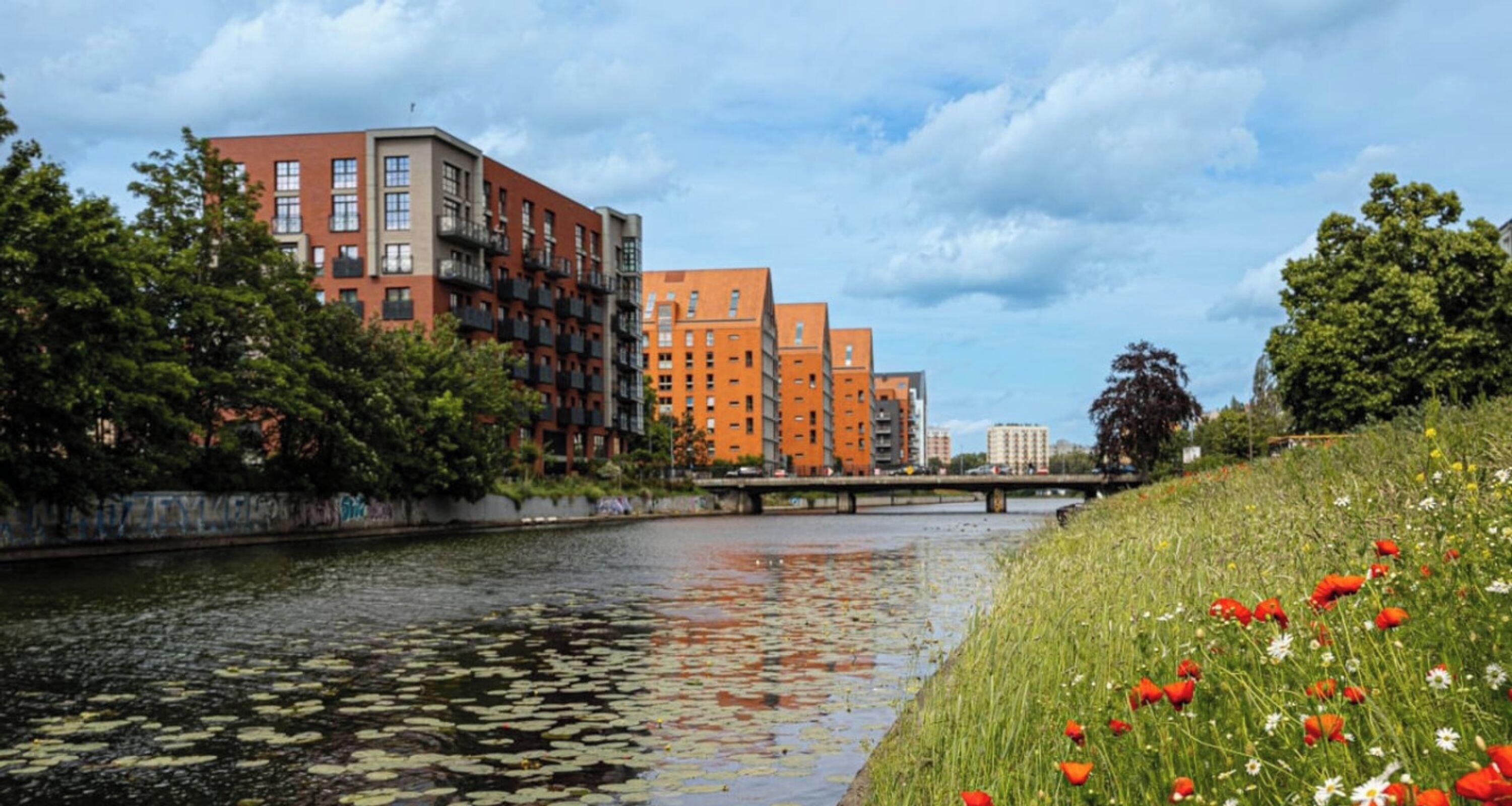 A river with lily pads, a bridge, and buildings with balconies.