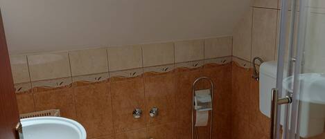 A compact bathroom with a skylight, a toilet, a sink, and a shower.