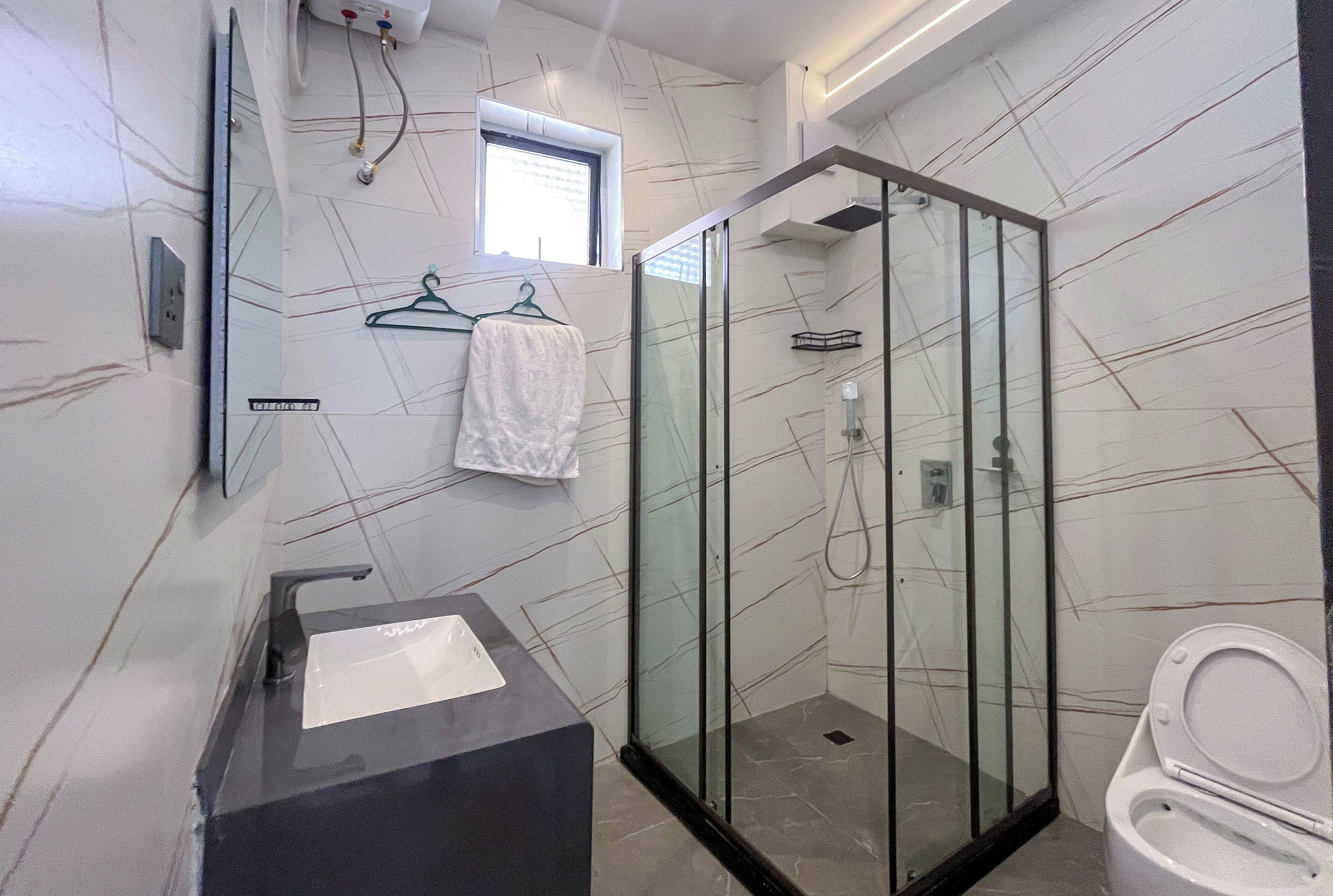 Shower, hair dryer, bidet, towels