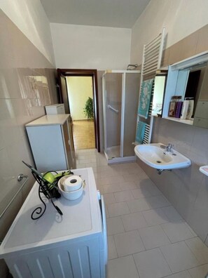 Hair dryer, bidet, towels, soap