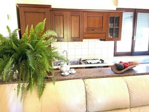 A kitchen with wooden cabinets, a granite countertop, a sink, and a plant. - Comfortable apartment in cottage (Ottava)