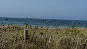 A coastal landscape with a fence, wildflowers, and the ocean. - RESPIRER A DEUX EN FINISTERE NORD (Taulé)