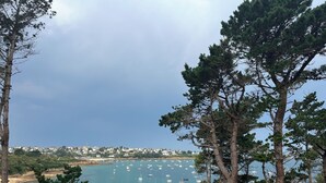 A coastal town with a marina, houses, and pine trees. - RESPIRER A DEUX EN FINISTERE NORD (Taulé)