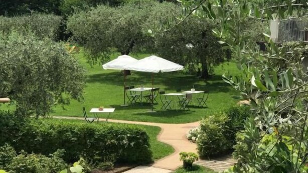 A garden with a pathway, tables, and umbrellas. - AGRITURISMO IL CARDO (Soiano del Lago)