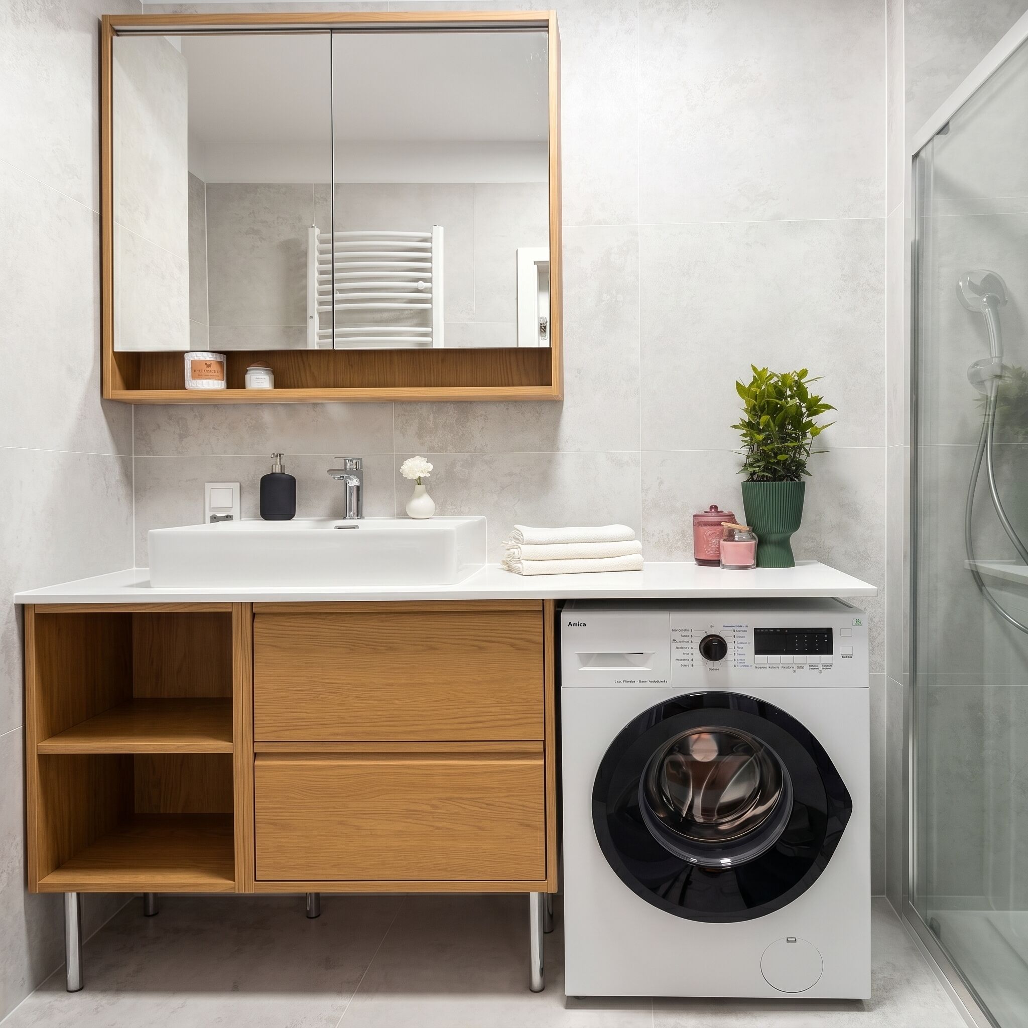 A modern bathroom with a white sink, wooden vanity, a mirror, a washing machine, and a shower.