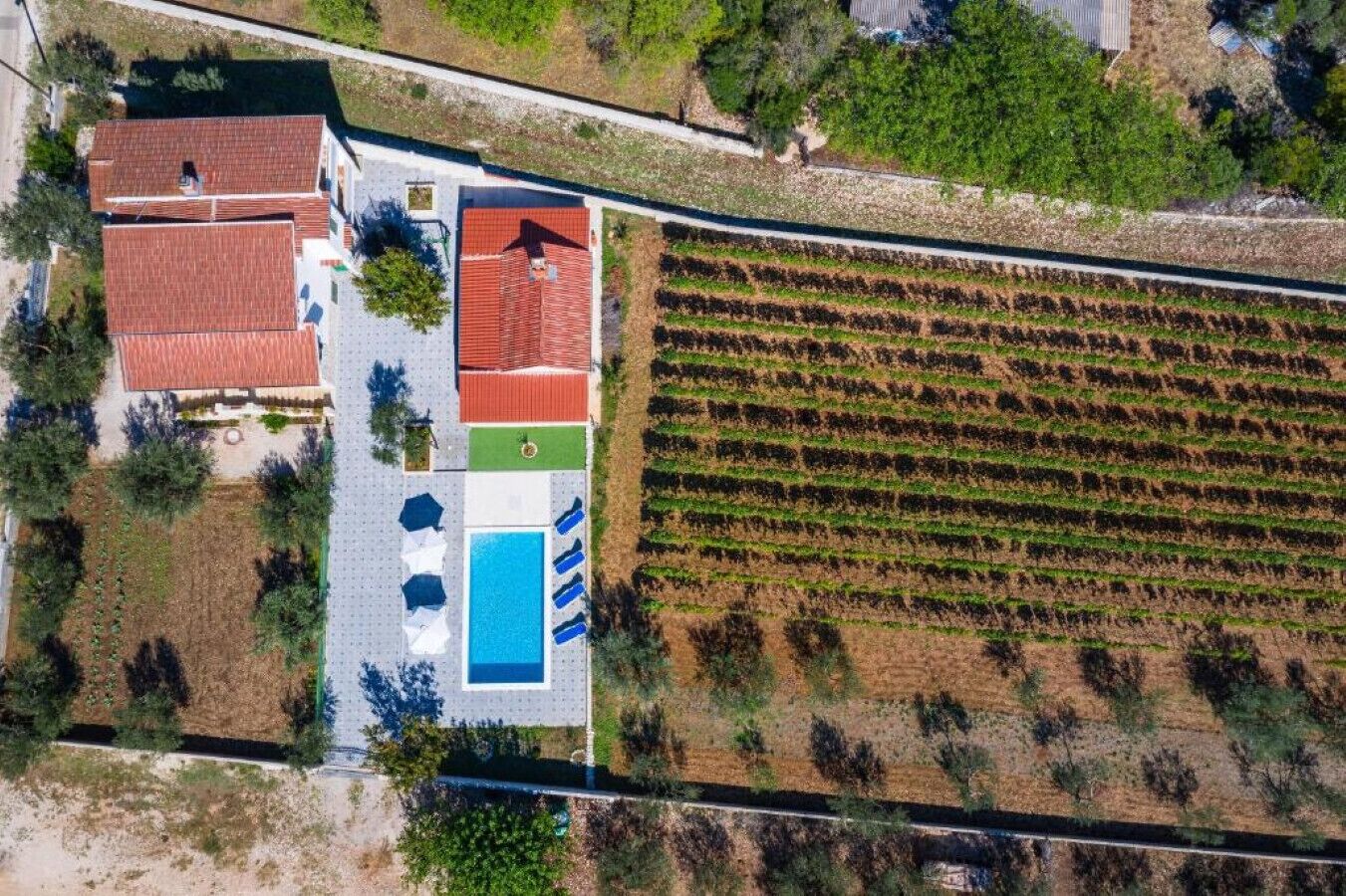 An aerial view of a property with a swimming pool, a tennis court, and rows of vineyards.