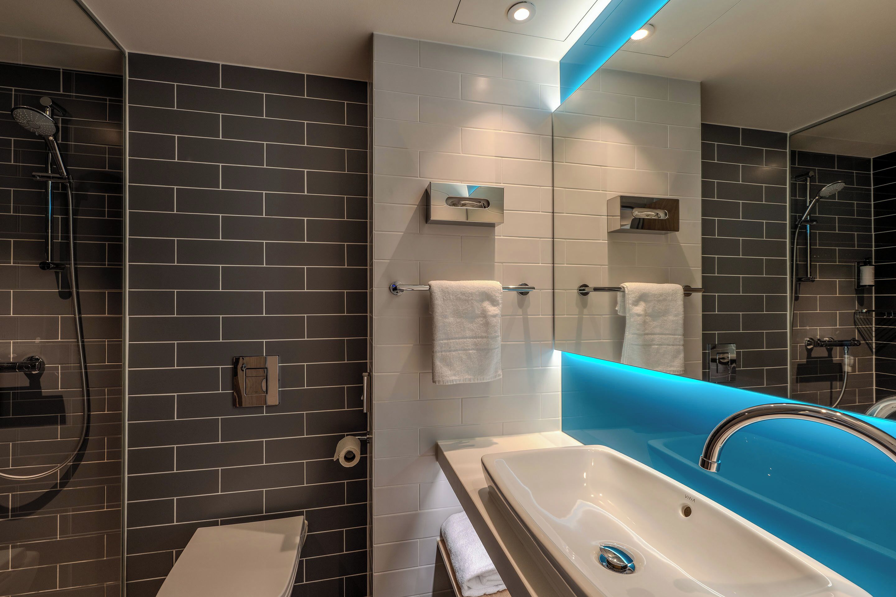 Une salle de bain moderne équipée d’une baignoire, d’une douche et de toilettes.