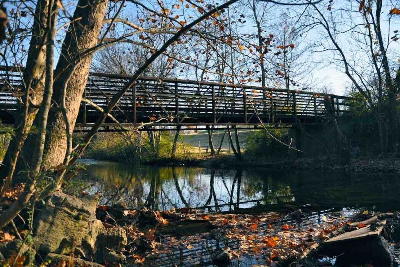 A wooden bridge over a calm river with trees and fallen leaves around.