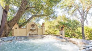 Een hottub met een stenen fontein, omringd door bomen en een stenen muur.