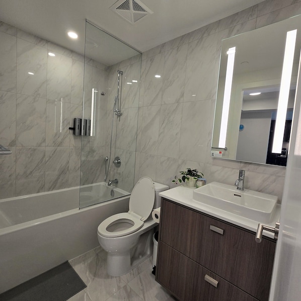 Hair dryer, towels, soap, shampoo