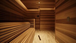 A sauna with wooden benches and a marble floor. - Luxury Executive 1+Den | Office | Pool, Gym, Sauna | Free Parking (Toronto)