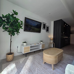 A modern living room with a TV, a plant, a small table, and a dark kitchen area.