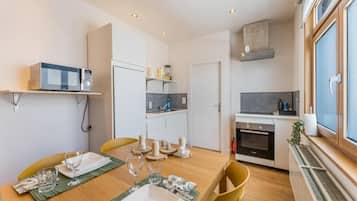 Fridge, microwave, high chair