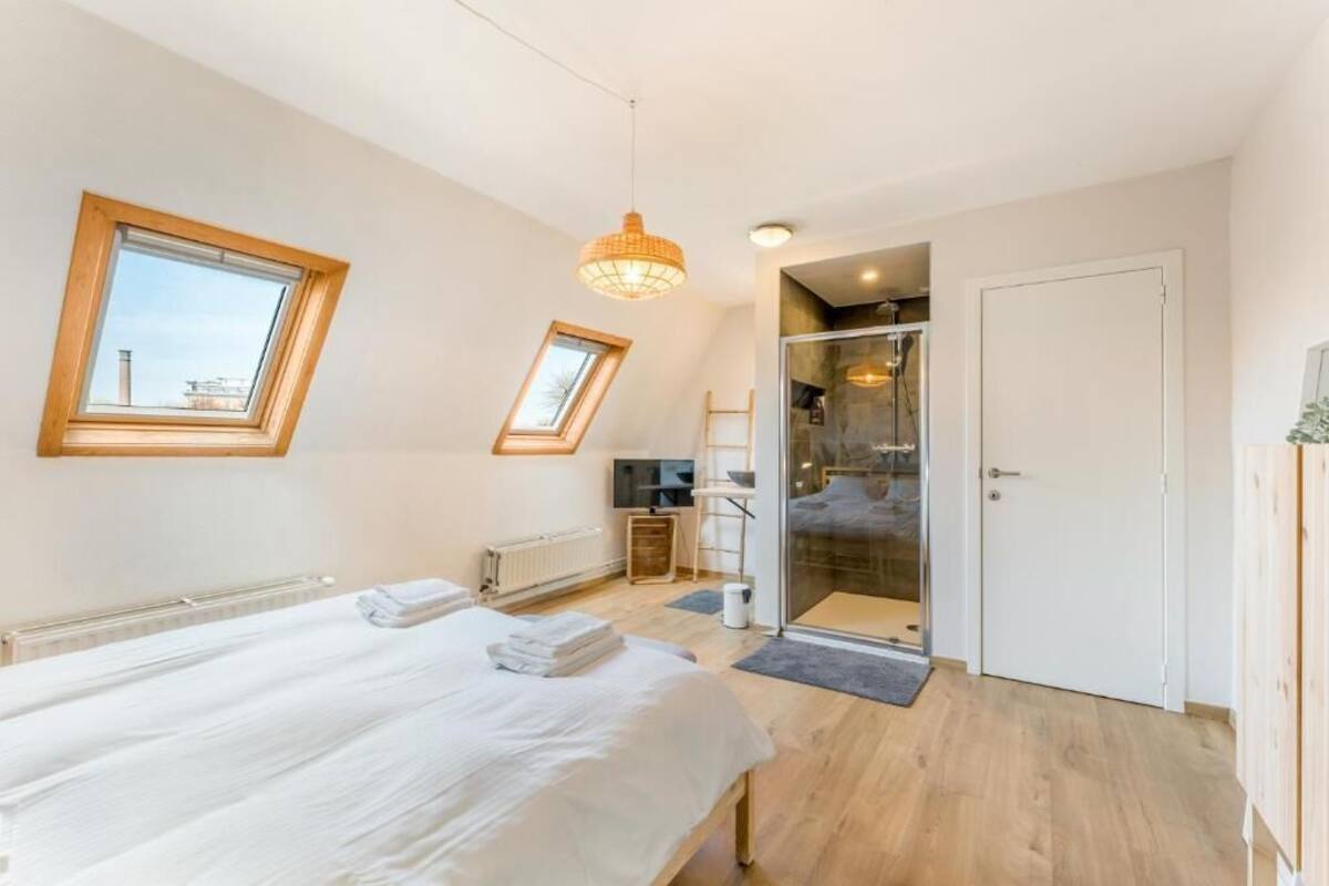 Une chambre à coucher comprenant un lit, une télévision, une douche en verre et une porte donnant sur une autre pièce.