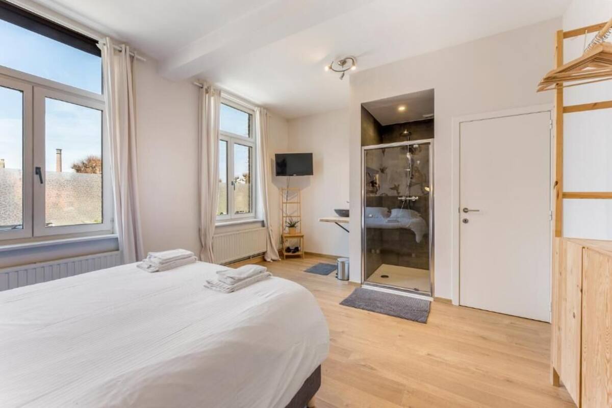 Une chambre avec un grand lit, une télévision, une douche et une vue sur l’extérieur.