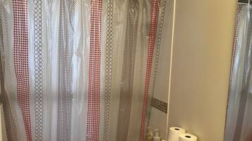 Hair dryer, towels, soap, toilet paper